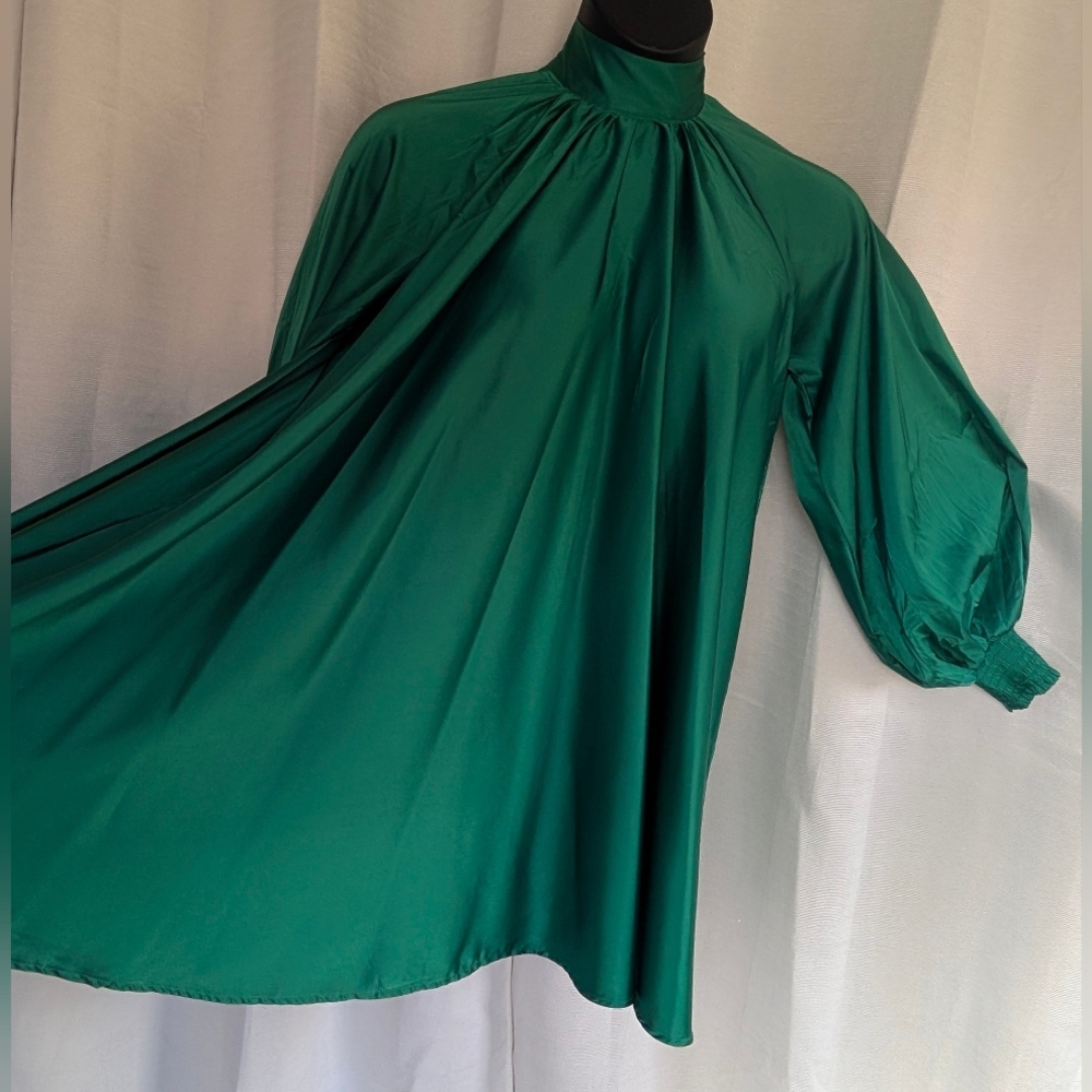 Emerald Green High Shine High tie neck Long Sleeve Flowing Aura Dress - Picture 4 of 16
